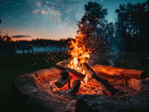 Intense campfire burning with abundant firewood