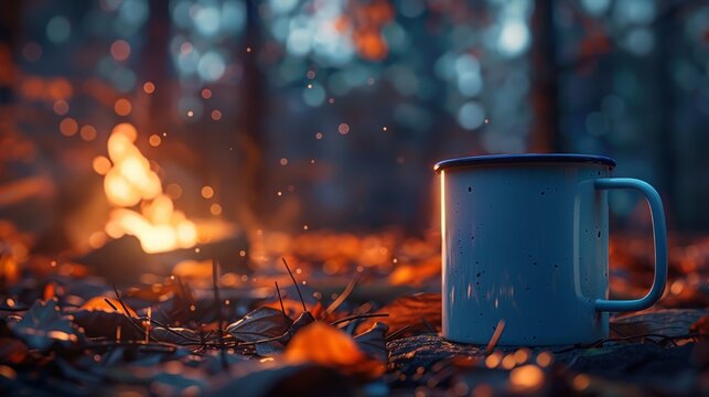 Cozy campfire night with a cup among autumn leaves in the forest