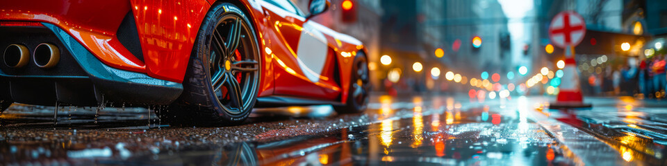 Sleek Sports Car on Rainy City Street at Night