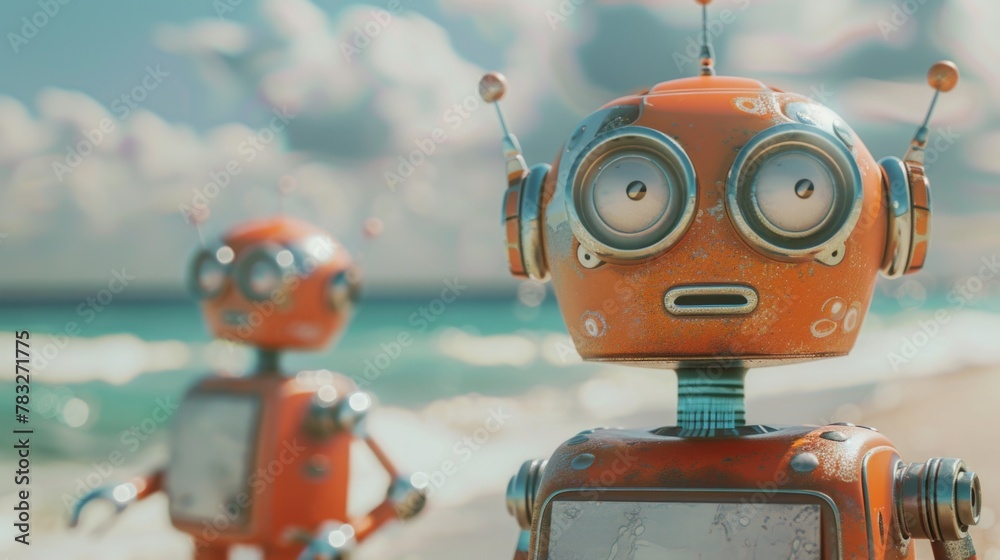 Poster Two robots standing side by side on a sandy beach. Suitable for technology or futuristic concepts