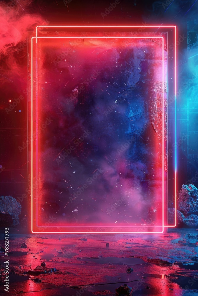 Poster a neon frame illuminated in a dark room. suitable for technology or interior design concepts