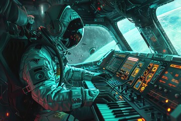 Astronaut in space suit using a keyboard, suitable for technology concepts