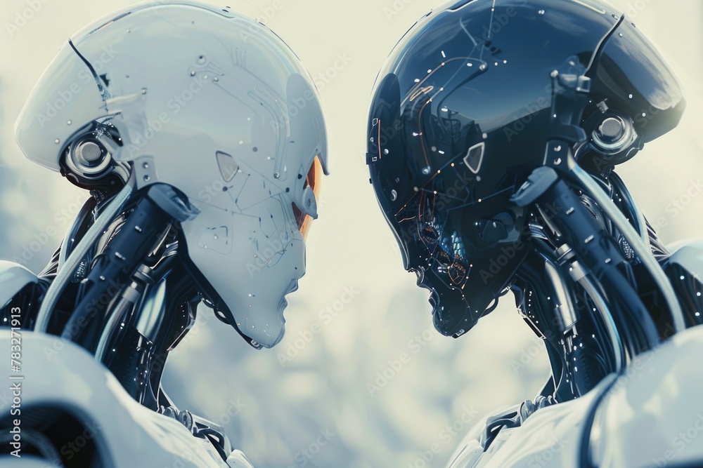 Poster two figures wearing helmets standing face to face. ideal for sci-fi or futuristic concepts