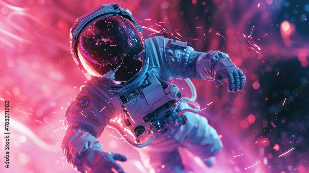 Poster An astronaut in a space suit floating through the air. Suitable for science fiction and space exploration concepts