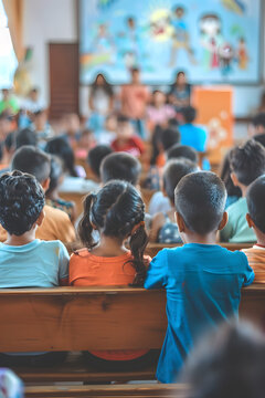 Church children background "VBS" (Vacation Bible School). Copy space text. - Generative AI
