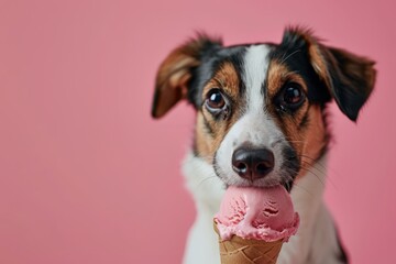 Cute dog happily eats pink ice cream on a pink background, with copy space for text