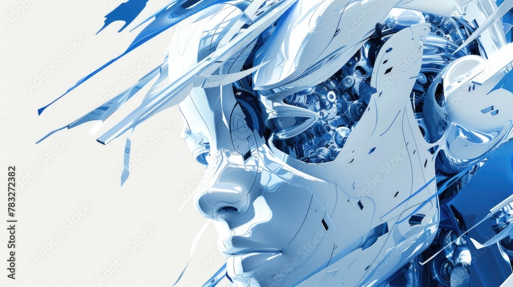 Poster detailed close-up of a robot's head, suitable for technology concepts