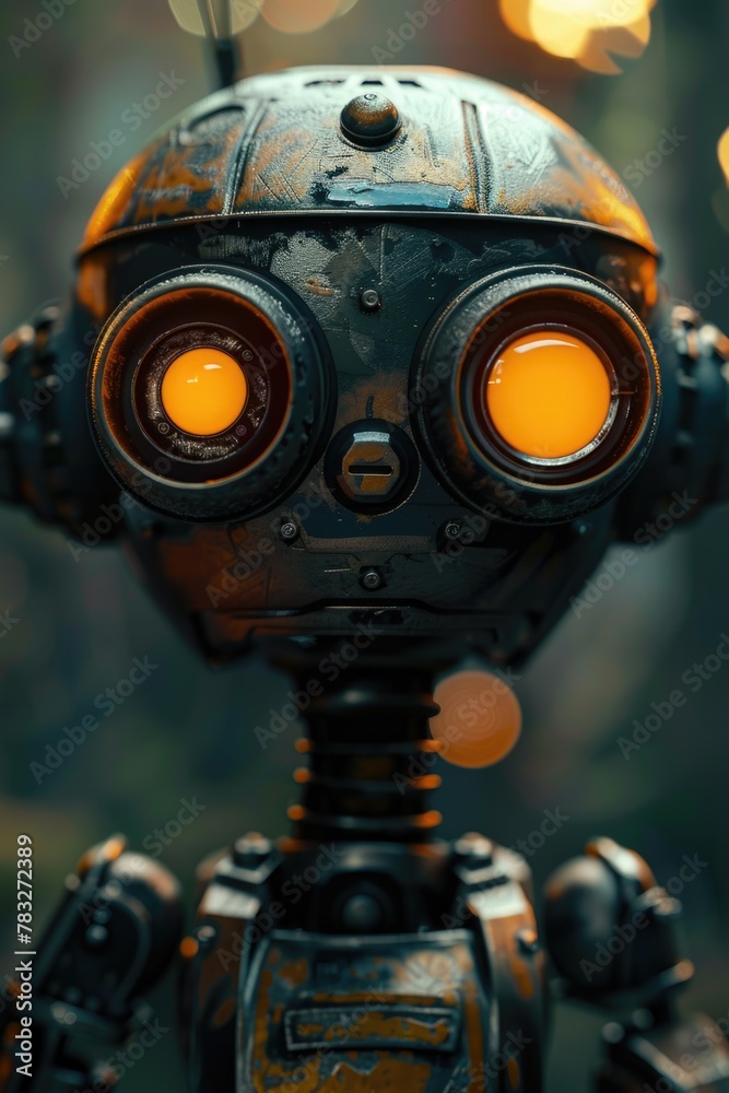 Poster close-up of a robot with glowing eyes, suitable for technology concepts
