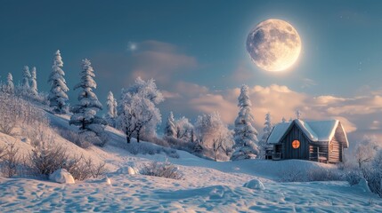A house on a snowy hill with a full moon in the background. Suitable for winter and nighttime themes - Powered by Adobe