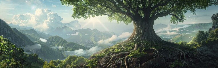 Tree painting atop mountain - obrazy, fototapety, plakaty