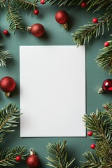 Fototapeta na wymiar A white sheet of paper surrounded by festive Christmas decorations. Perfect for holiday-themed projects