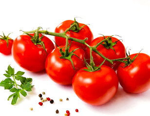 A bunch of red tomatoes are on a white background. The tomatoes are arranged in a row, with one tomato on the left, two in the middle, and three on the right. Concept of abundance and freshness