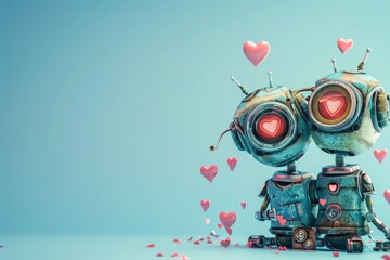 Two robots sitting next to each other. Suitable for technology and robotics concepts