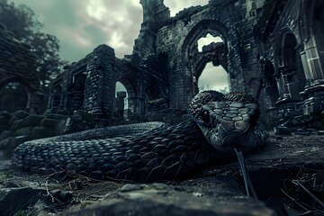 Sinister Serpent Coiled Amidst Gothic Ruins:A Dark and Ominous Presence Lurking in the Shadows - obrazy, fototapety, plakaty