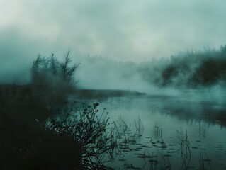 Ethereal Mist Shrouding the Desolate Marshlands in an Eerie,Gothic Atmosphere