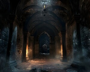 Cryptic Chamber in Abandoned Gothic Catacombs:A Grandiose and Ominous Archway Leads into the Unknown Depths of a Mystical Underworld