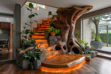 Selective focus of staircase made of wood with lights, tree trunk staircase design home interior decoration.