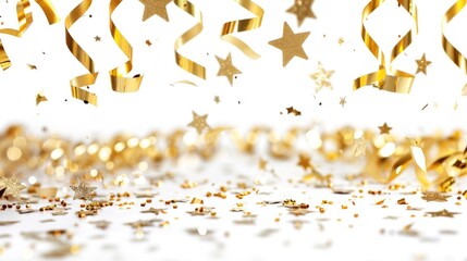 Bright gold stars and confetti on a clean white background, perfect for celebrations and festive occasions - obrazy, fototapety, plakaty