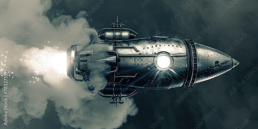 Aufkleber a steam powered rocket flying through the clouds. suitable for science fiction or futuristic concept