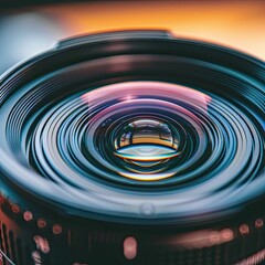 Close-up of a camera lens with a reflection of a sunset in the lens.