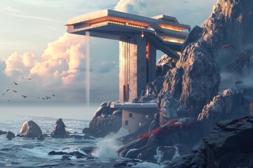 Futuristic cliff house with a view of the ocean - obrazy, fototapety, plakaty