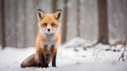 Adorable young fox on a wintry day in a forest.