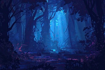 pathway through a dense enchanted forest at night - obrazy, fototapety, plakaty