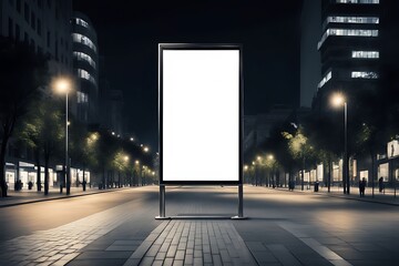 Mockup. Blank white vertical advertising banner billboard stand on the sidewalk at night - obrazy, fototapety, plakaty