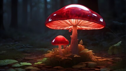 intriguing crimson lighting mushroom created using - obrazy, fototapety, plakaty