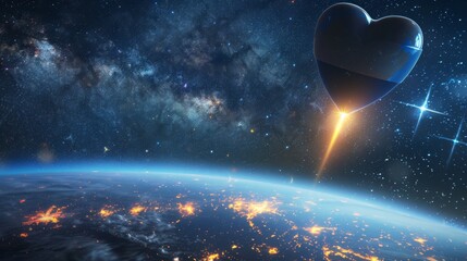 Heart-shaped object flying high above the Earth in a mesmerizing view. The object stands out against the backdrop of the planet below. - 783273930