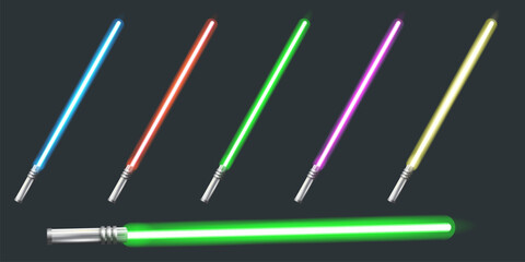 Blue, red, green, pink and yellow laser sword lightsaber set isolated on grey galaxy background. May the 4th be with vector illustration with neon glowing lighting sword. Star wars day poster - obrazy, fototapety, plakaty