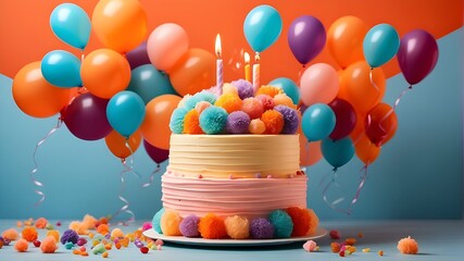 Fototapeta na wymiar Lovely fluffy multicolored gel balloons featuring a cake against an orange backdrop