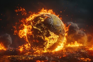 A burning earth in the middle of a field. Suitable for environmental crisis concepts