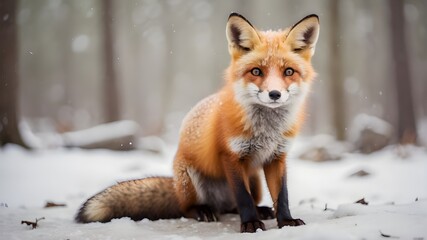 Adorable young fox on a wintry day in a forest. - obrazy, fototapety, plakaty