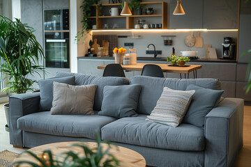 Selective focus of modern living room interior with gray sofa in apartment room.