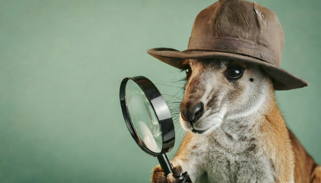 kangaroo, detektiv, lupe, close up, copy space, hintergrund, braun, grün, Pastell, karte, konzept, gestalten, entwerfen, tier, spaßig, bizarre
