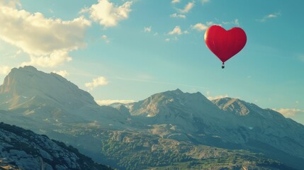 A red heart-shaped balloon is soaring above a majestic mountain range, against a clear blue sky backdrop.