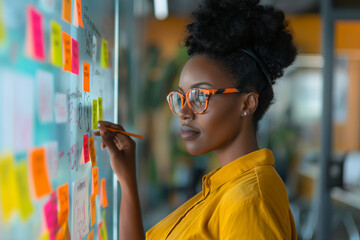 African American woman making a business plan at the office and posting ideas on the board - productivity concepts - Powered by Adobe