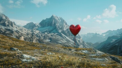 A red heart-shaped balloon is seen floating gracefully in the air. The bright color stands out against the sky as it drifts effortlessly upwards. - 783274388