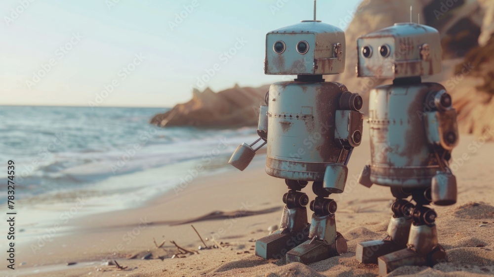 Poster two robots standing on a sandy beach, suitable for technology or futuristic concepts