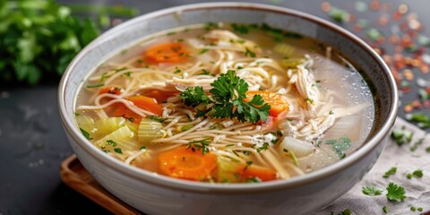 A delicious bowl of soup with noodles and fresh vegetables. Perfect for food blogs and restaurant menus