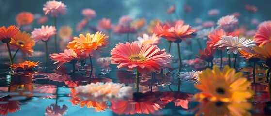 Flowers floating on the water with their reflection - obrazy, fototapety, plakaty