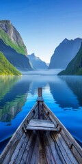 Boat floating on lake surrounded by mountains