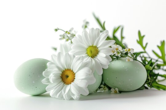 Three green eggs with white flowers on a white surface. Perfect for Easter and spring-themed designs