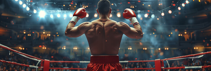 Rear view of a male boxer raising his hands on the stage. The audience below the stage cheered. - Powered by Adobe