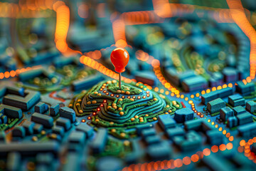 Vibrant Circuit Board Landscape with Glowing Paths and Pin