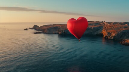 A heart-shaped balloon drifts gently above the rippling surface of a body of water, casting a reflection below. The balloons vibrant color contrasts with the serene blue of the water. - 783274972