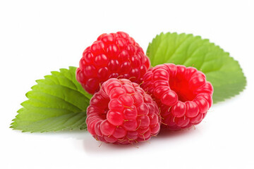 Three red ripe fresh raspberries with raspberry leaves on isolated white background. Organic farm food, fresh market, supermarket, healthy products.