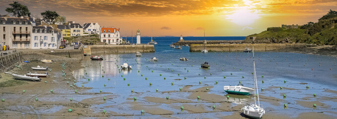 Sauzon in Brittany, the typical harbor with boats and lighthouse
- 783275173