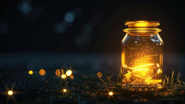 Fireflies glowing in a glass jar on a grass field, perfect for nature themes